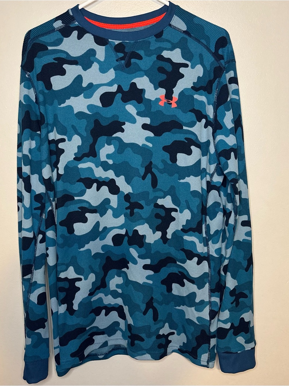 Under Armour Men’s Blue Camo Long Sleeve Shirt with Coral Accent